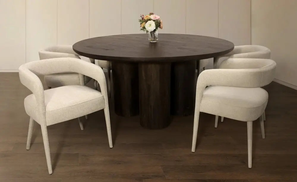 Seven Piece Dark Brown Round Solid Wood Dining Set with Six Chairs - NOVA HOME FURNITURE