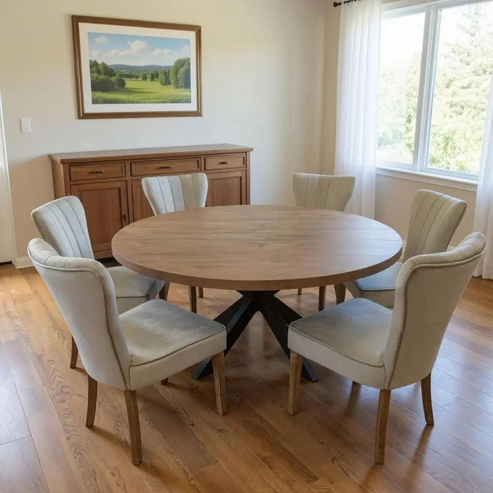 Seven Piece Gray and Black Round Solid Wood Dining Set with Six Chairs - NOVA HOME FURNITURE