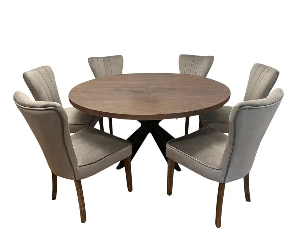 Seven Piece Gray and Black Round Solid Wood Dining Set with Six Chairs - NOVA HOME FURNITURE