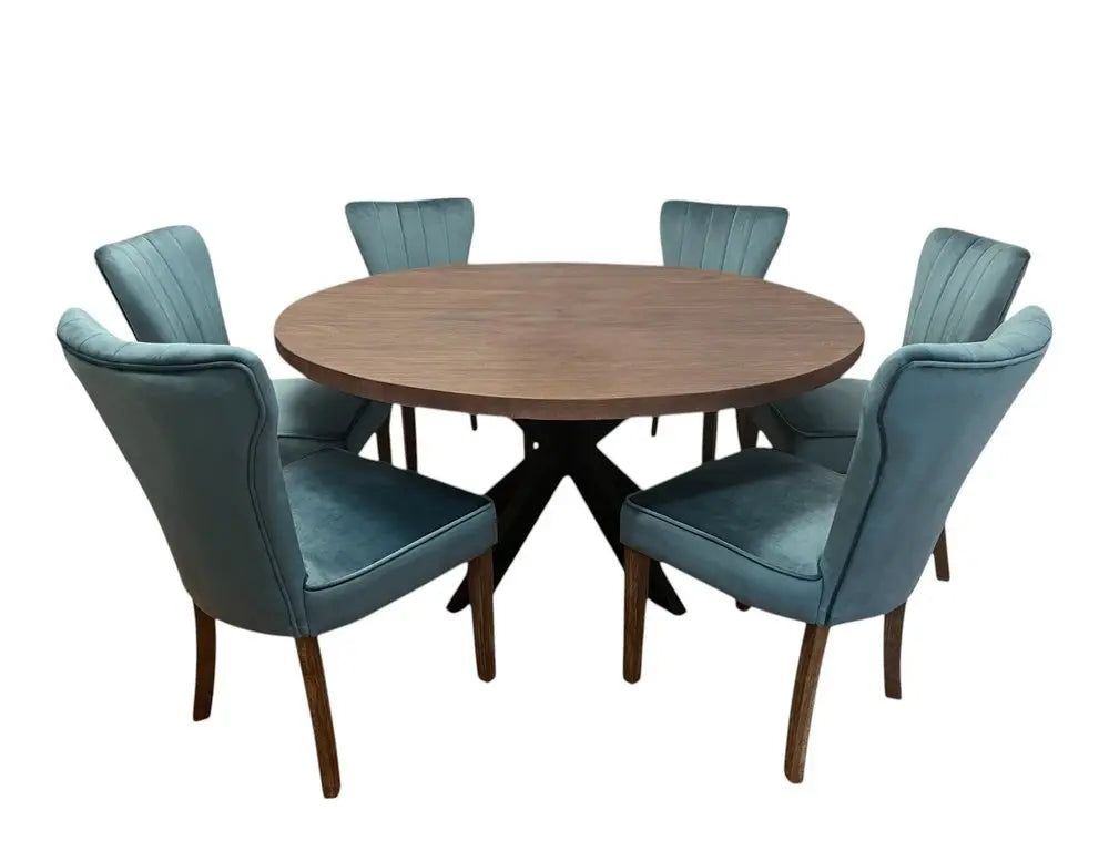 Seven Piece Gray and Black Round Solid Wood Dining Set with Six Chairs - NOVA HOME FURNITURE