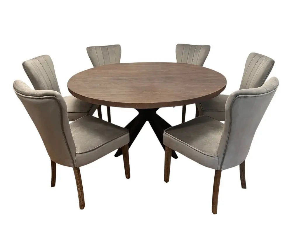 Seven Piece Gray and Black Round Solid Wood Dining Set with Six Chairs - NOVA HOME FURNITURE