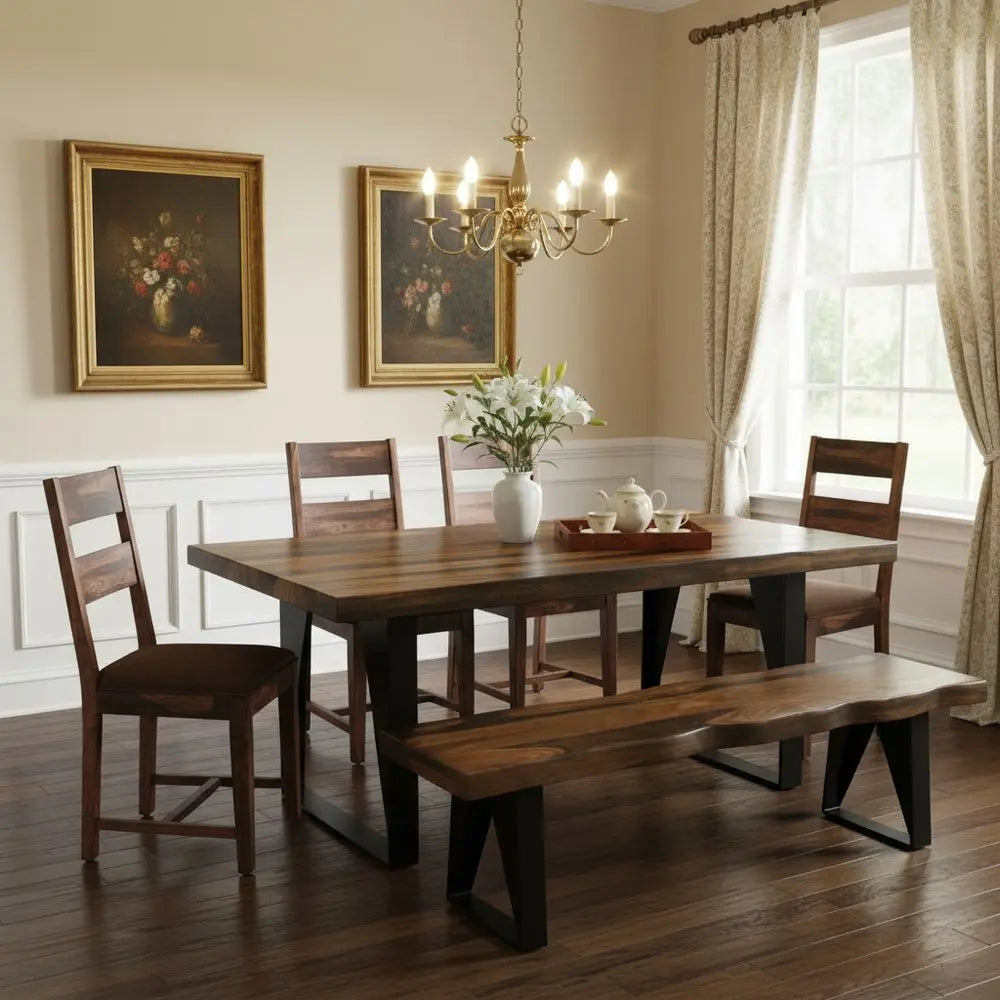 Six Piece Dark Brown and Black Solid Wood Dining Set with Four Chairs - NOVA HOME FURNITURE