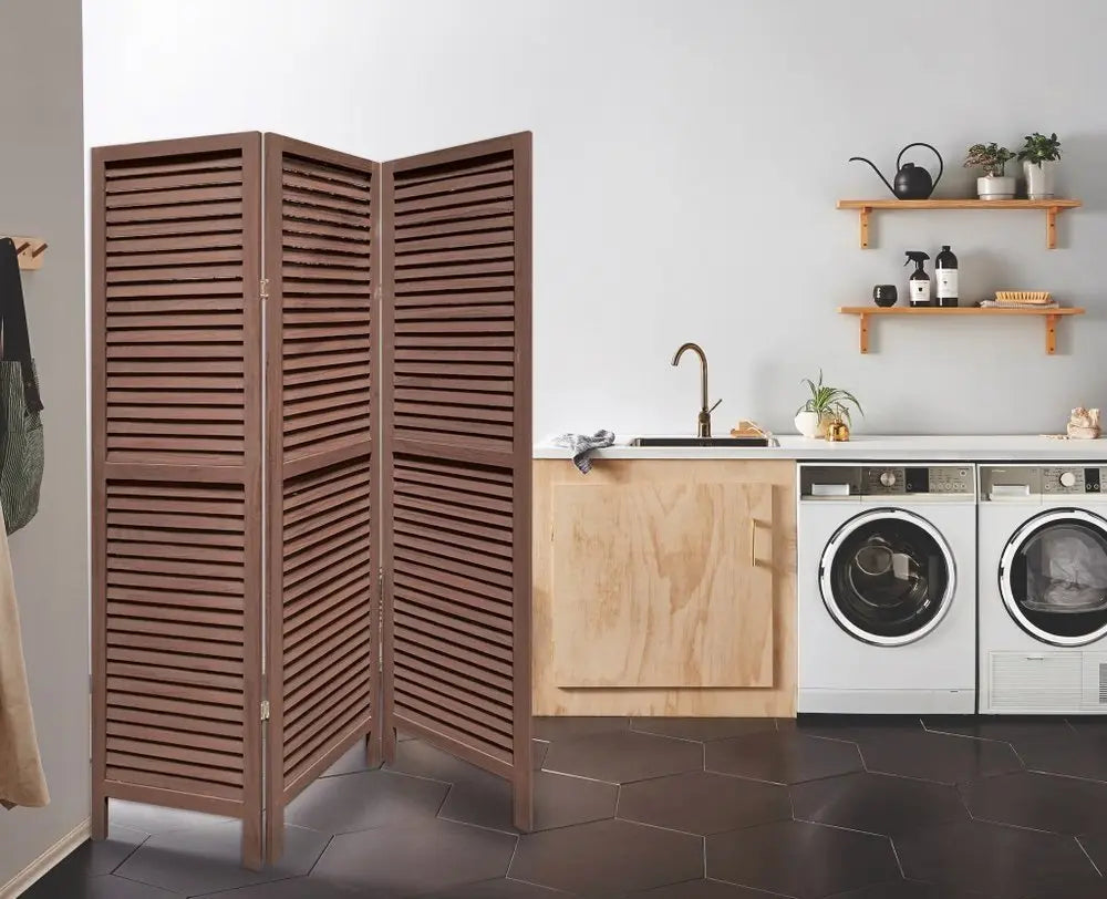 Stylish Three Panel Washed Brown Shutter Divider Screen - NOBLE HOME INTERIORS