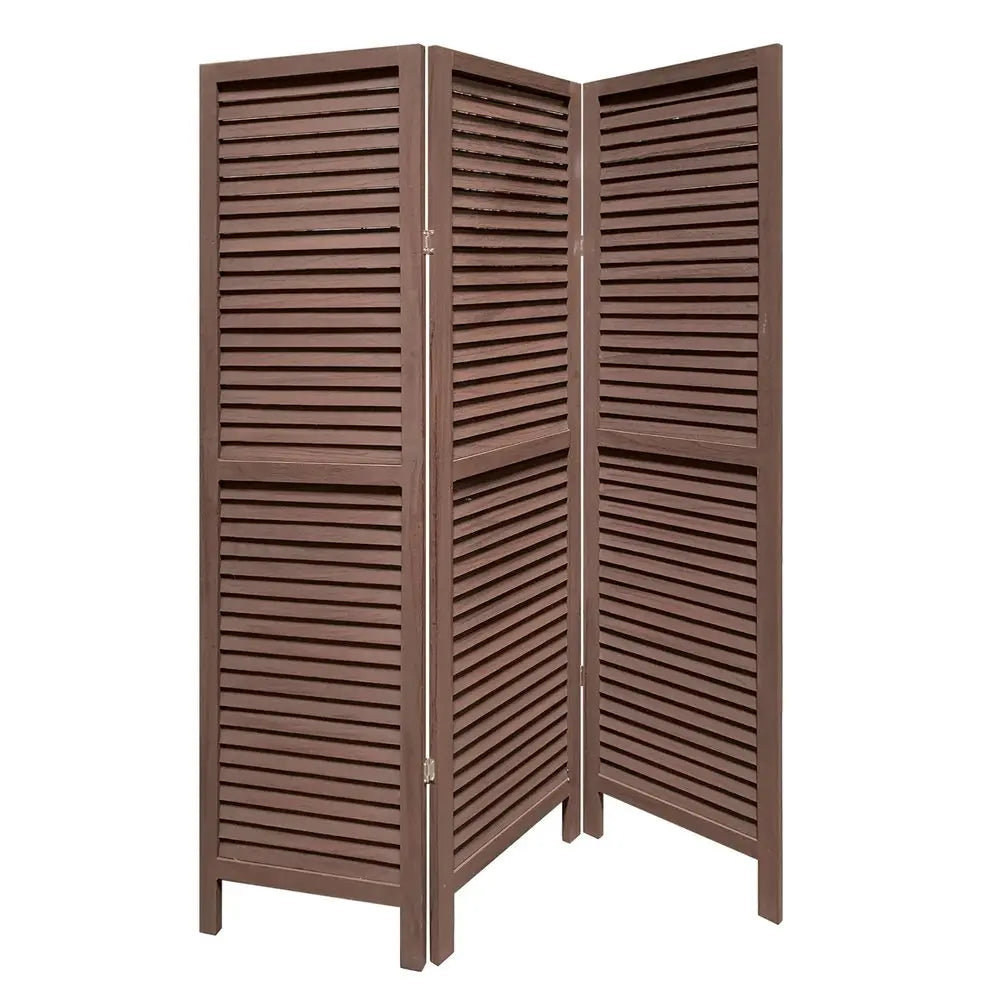 Stylish Three Panel Washed Brown Shutter Divider Screen - NOBLE HOME INTERIORS