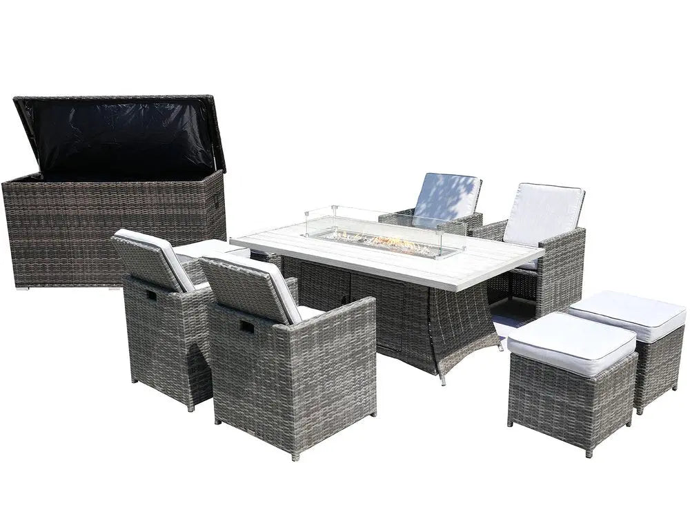 Ten Piece Outdoor Gray Wicker Multiple Chairs Seating Group Fire Pit Included with White Cushions - NOBLE HOME INTERIORS