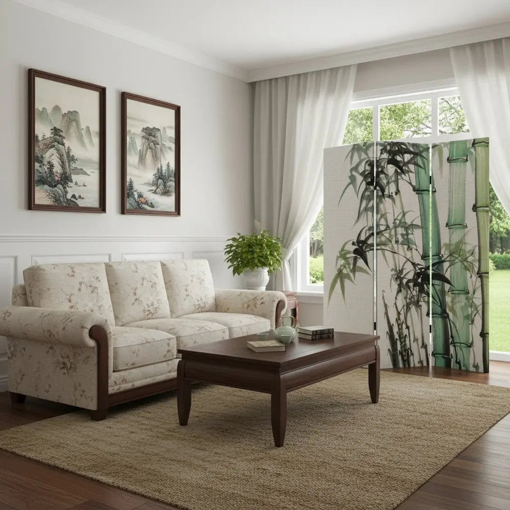 Three Panel Reversible Bamboo Art Room Divider Screen - NOBLE HOME INTERIORS