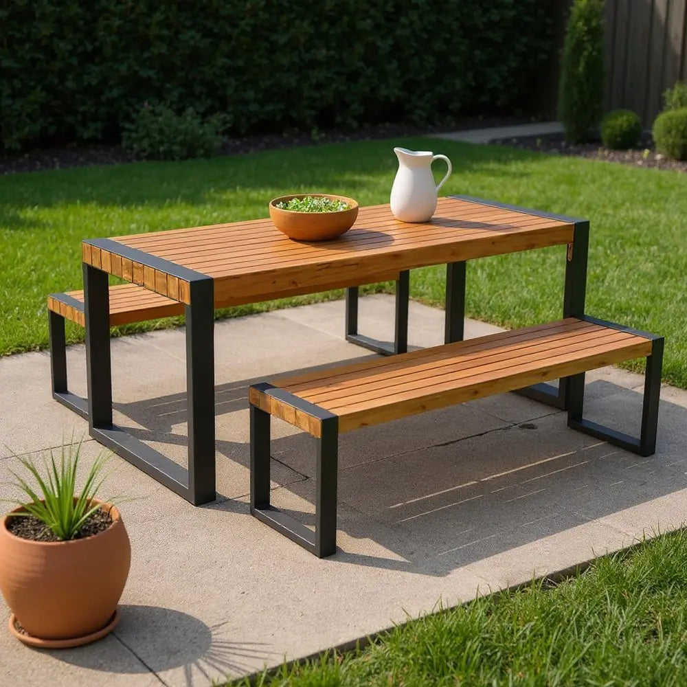 Three Piece Natural Solid Wood Outdoor Patio Set With Table - NOBLE HOME INTERIORS