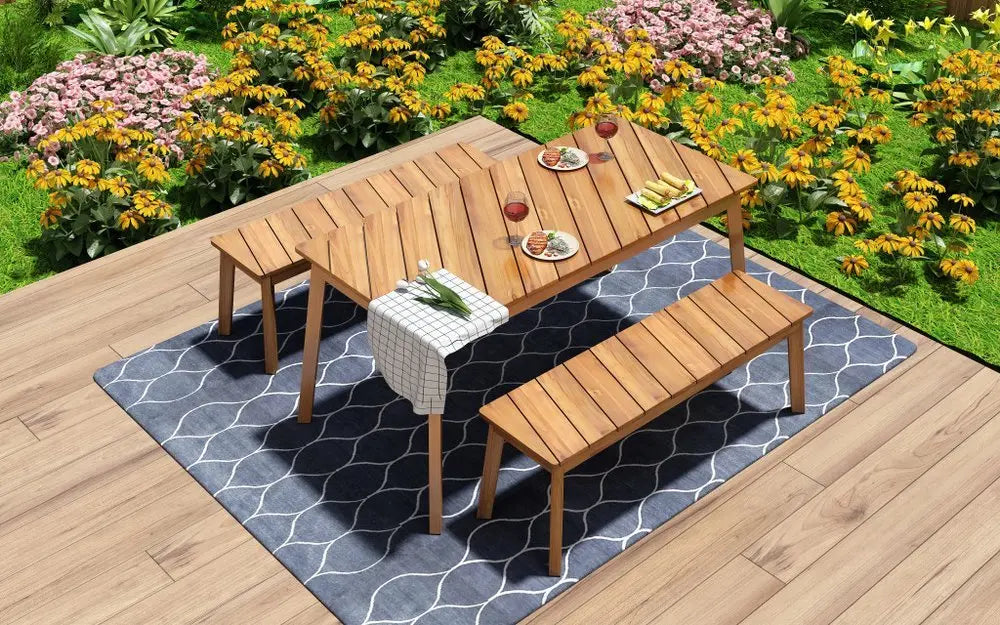 Three Piece Natural Solid Wood Outdoor Patio Set With Table - NOBLE HOME INTERIORS
