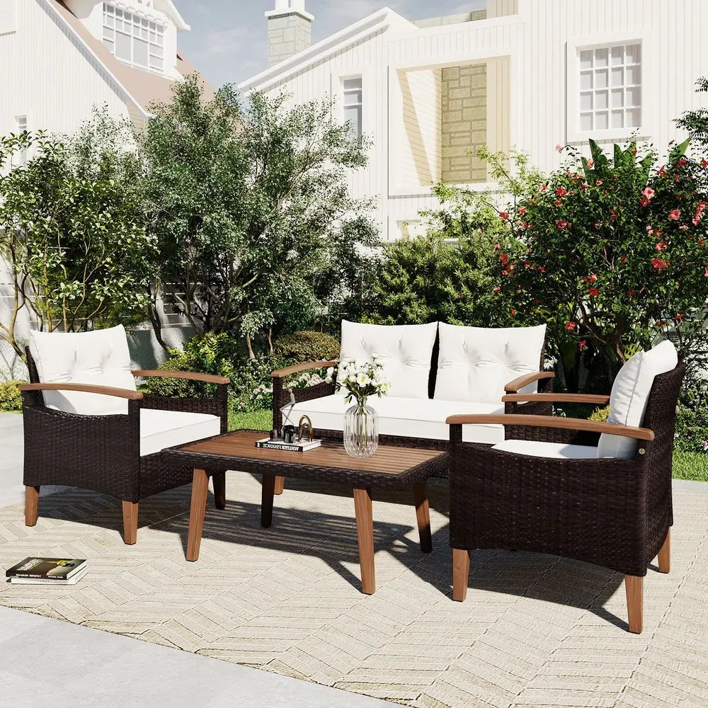 Three Piece Outdoor Beige Rattan Sofa Seating Group with Beige Cushions - NOBLE HOME INTERIORS