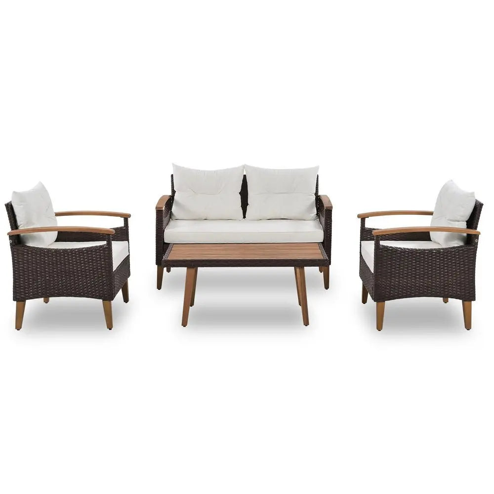 Three Piece Outdoor Beige Rattan Sofa Seating Group with Beige Cushions - NOBLE HOME INTERIORS