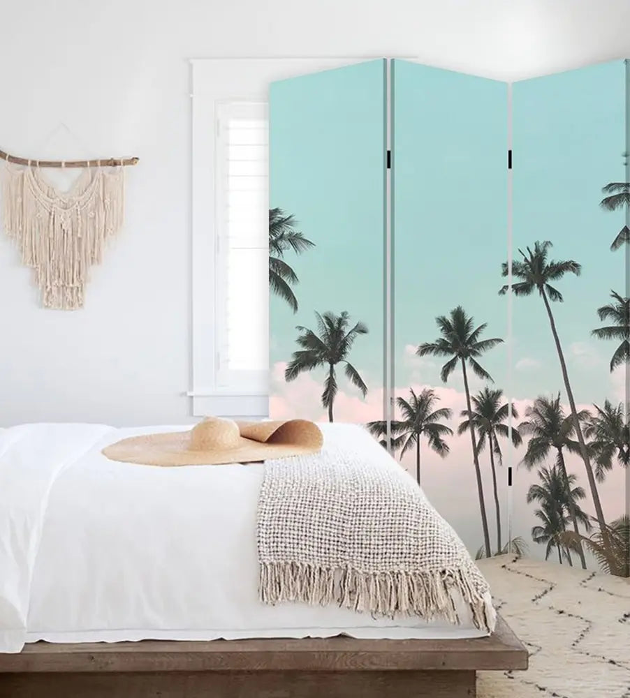 Tropical Palm Trees Room Three Panel Divider Screen - NOBLE HOME INTERIORS