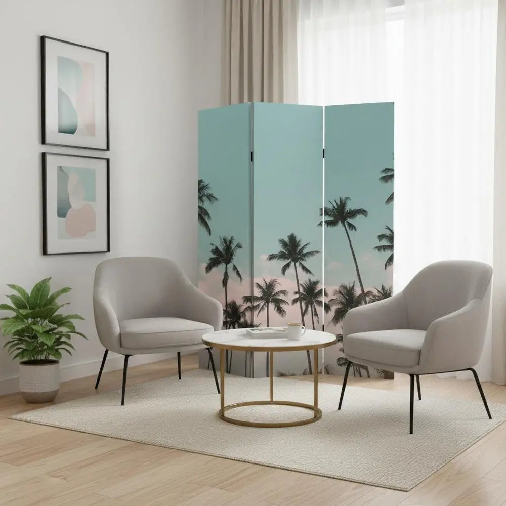 Tropical Palm Trees Room Three Panel Divider Screen - NOBLE HOME INTERIORS