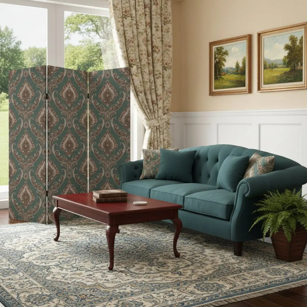 Vintage Green Baroque Three Panel Room Divider Screen - NOBLE HOME INTERIORS