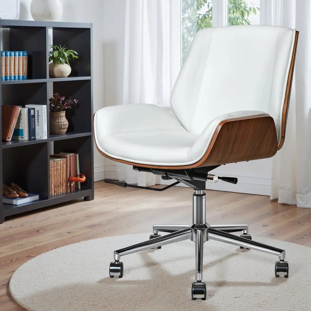 White Silver and Walnut Adjustable Height Swivel Rolling Conference Office Chair HomeRoots